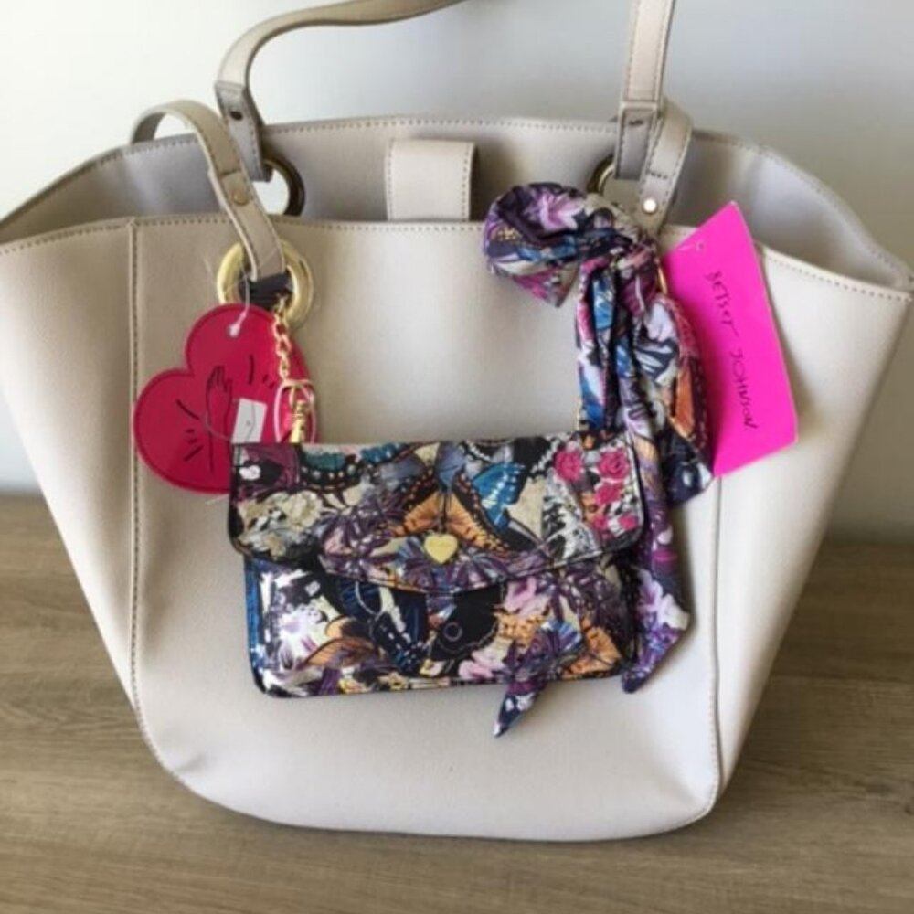 Betsey Johnson Cream Tote with Floral Scarf and Detachable Pouch - Picture 6 of 11